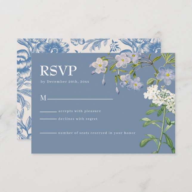 Cartão RSVP de Casamento Floral Azul e Branco Mode (Frente/Verso)