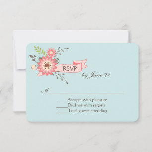 Cartão RSVP de Casamento Floral Azul e Coral boni