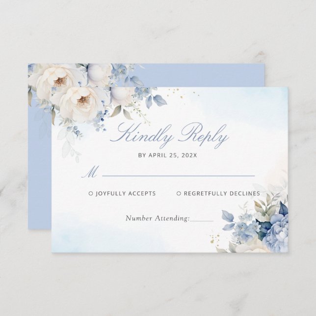 Cartão RSVP de Casamento Floral Azul Elegante Mode (Frente/Verso)