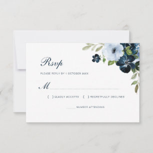 cartão rsvp de casamento floral azul marinho
