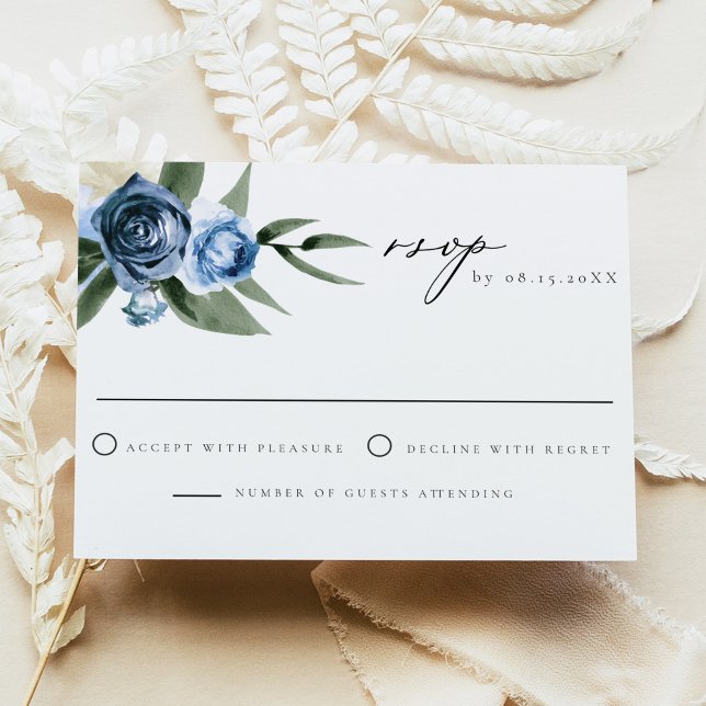 Cartão RSVP de Casamento Floral Azul MILENA Dusty (Criador carregado)
