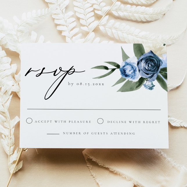 Cartão RSVP de Casamento Floral Azul MILENA Dusty (Criador carregado)
