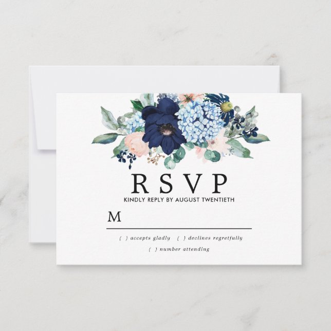 Cartão RSVP de Casamento Floral Azul-Rosa Russo (Frente)