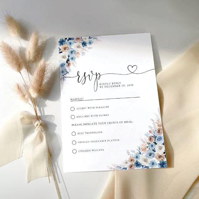 Cartão RSVP de Casamento Floral Blue Boho (Criador carregado)