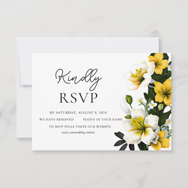 Cartão RSVP de Casamento Floral Branco e Amarelo E (Frente)