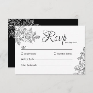 Cartão RSVP de Casamento Floral Branco e Preto Ele