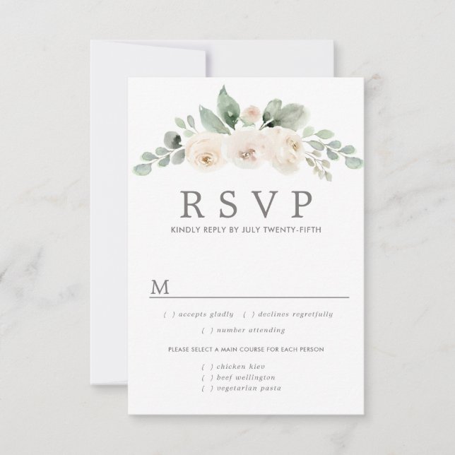 Cartão RSVP de Casamento Floral Branco, Opções de  (Frente)