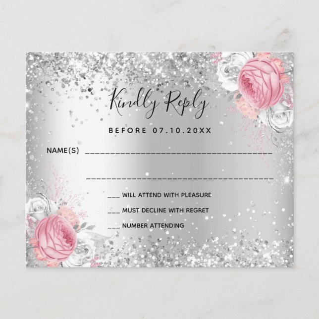 Cartão RSVP de casamento floral branco-prateado (Frente)
