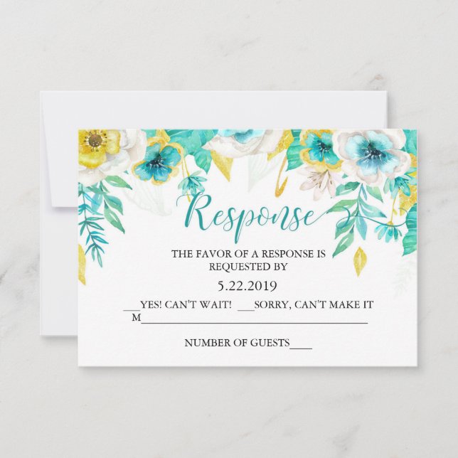 Cartão RSVP de Casamento Floral de Aqua Teal (Frente)