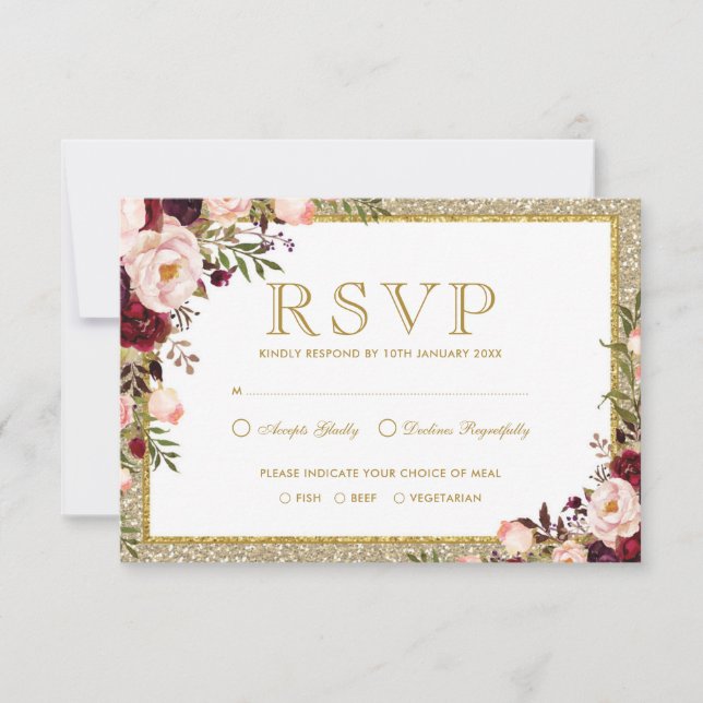 Cartão RSVP de Casamento Floral de Blush Dourado Burgundy (Frente)
