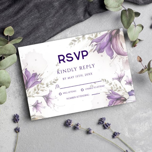 Cartão RSVP de Casamento Floral de Boho Purple Pas (Criador carregado)