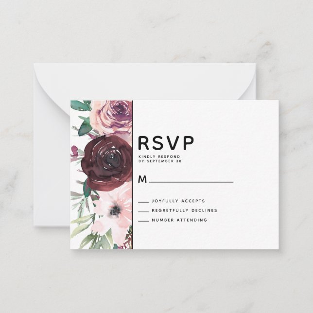 Cartão RSVP de Casamento Floral de BUDGET Burgundy (Frente)