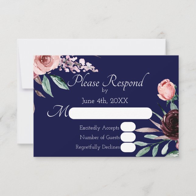 Cartão RSVP de Casamento Floral de marinho Azul e  (Frente)