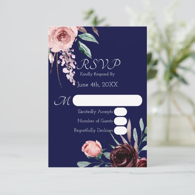 Cartão RSVP de Casamento Floral de marinho Azul e  (Em pé/Frente)