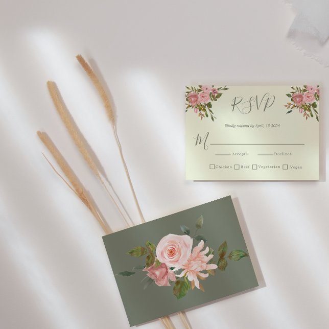 Cartão RSVP de Casamento Floral de Sage Green & Bl (Criador carregado)