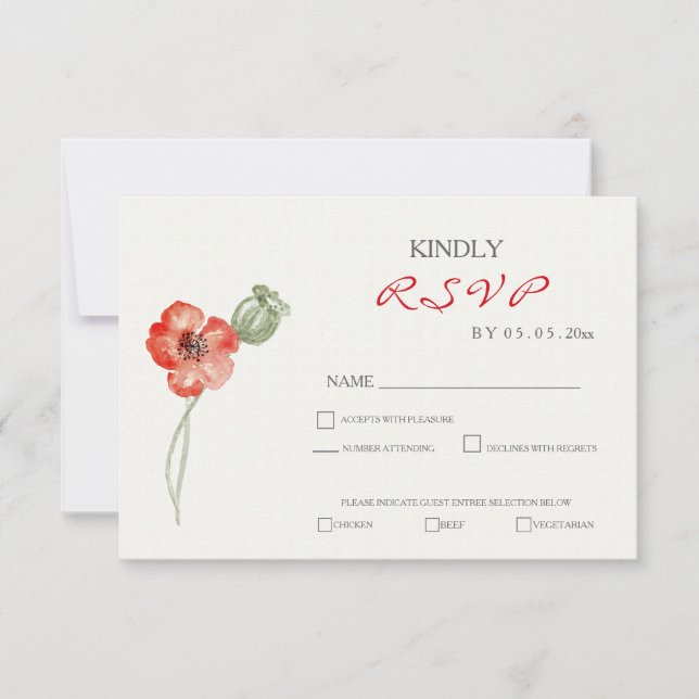 Cartão RSVP de casamento floral do bonito Red Popp (Frente)