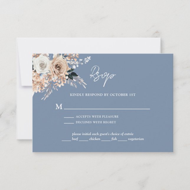 Cartão RSVP de Casamento Floral Dusty Blue Boho (Frente)