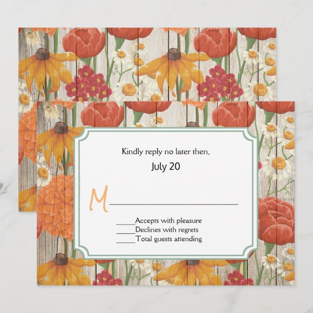 Cartão RSVP de Casamento Floral Laranja Russo (Frente/Verso)