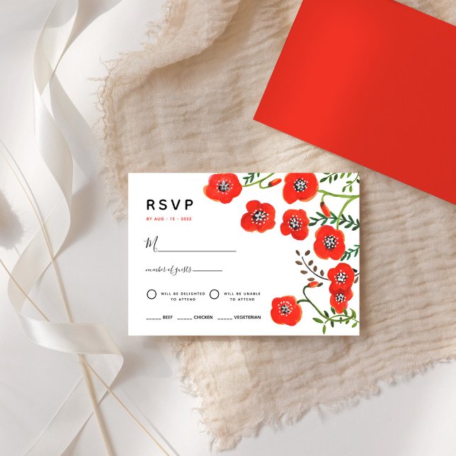 Cartão RSVP de casamento floral moderno de papoila (Red poppies modern floral wedding RSVP Card)