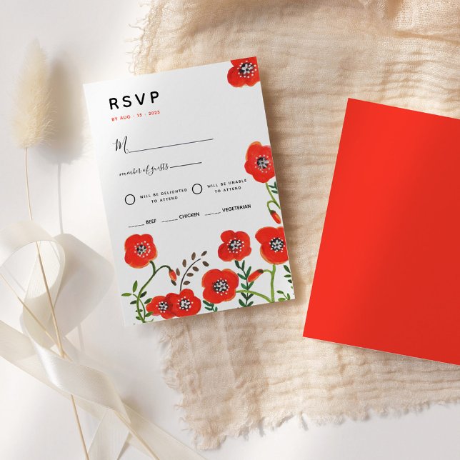 Cartão RSVP de casamento floral moderno de papoila (Red poppies modern floral wedding RSVP Card)
