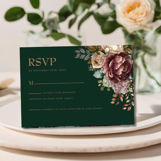 Cartão RSVP de Casamento Floral Moderno Emerald Gr (Criador carregado)
