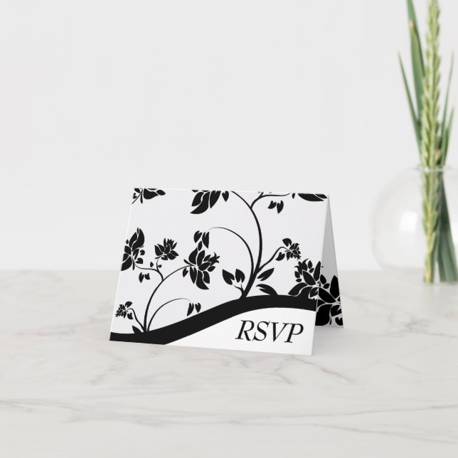 Cartão RSVP de Casamento Floral Preto e Branco (Frente)