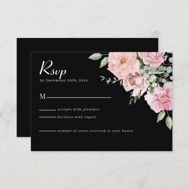 Cartão RSVP de Casamento Floral Preto e Rosa Moder (Frente/Verso)