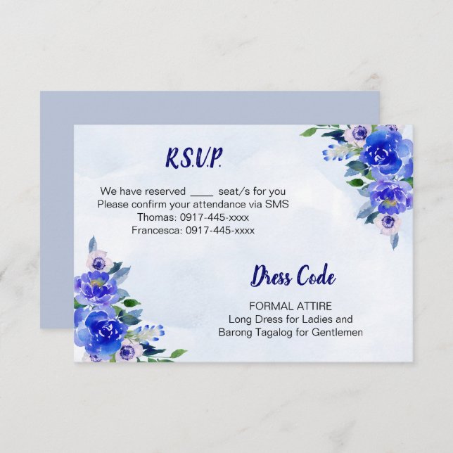 Cartão RSVP de Casamento Floral Real Blue Watercol (Frente/Verso)