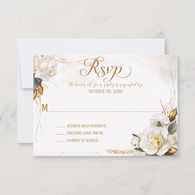 Cartão RSVP de Casamento Floral Romântico Dourado  (Frente)