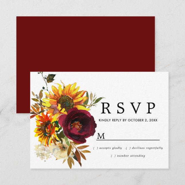 Cartão RSVP de Casamento Floral Rustic Burgund Red (Frente/Verso)