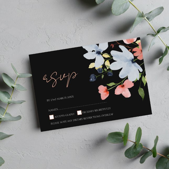 Cartão RSVP de Casamento Floral Simples Preto e Ro (Criador carregado)