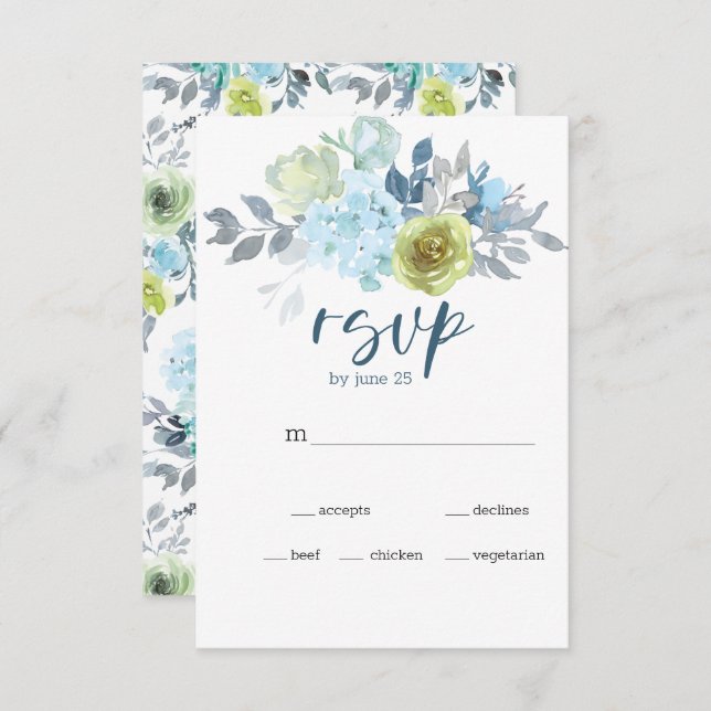 Cartão RSVP de Casamento Floral Verde Amarelo Clar (Frente/Verso)