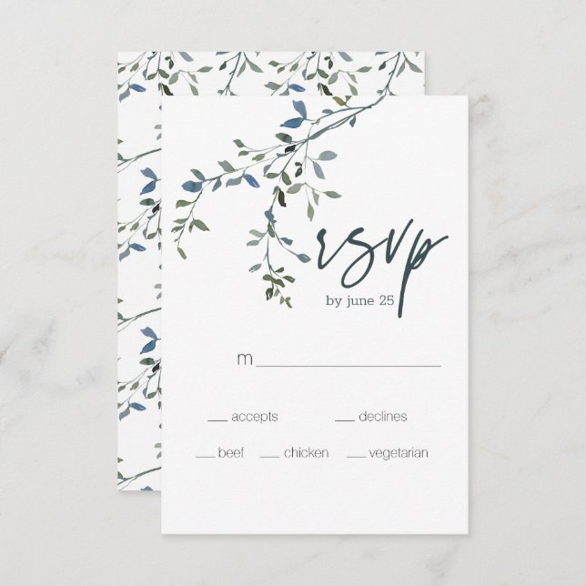 Cartão RSVP de Casamento Floral Verde Sage Silver (Frente/Verso)