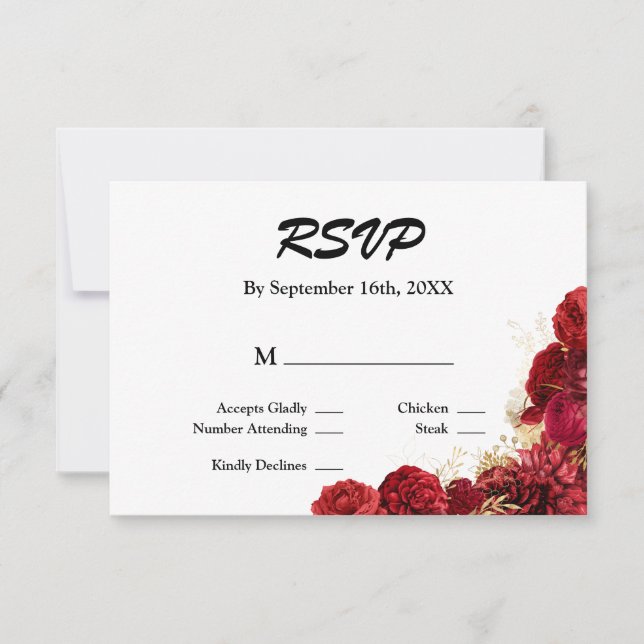Cartão RSVP De Casamento Floral Vermelho E Dourado (Frente)