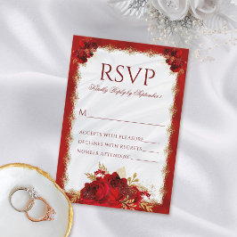 Cartão RSVP de Casamento Floral Vermelho e Dourado