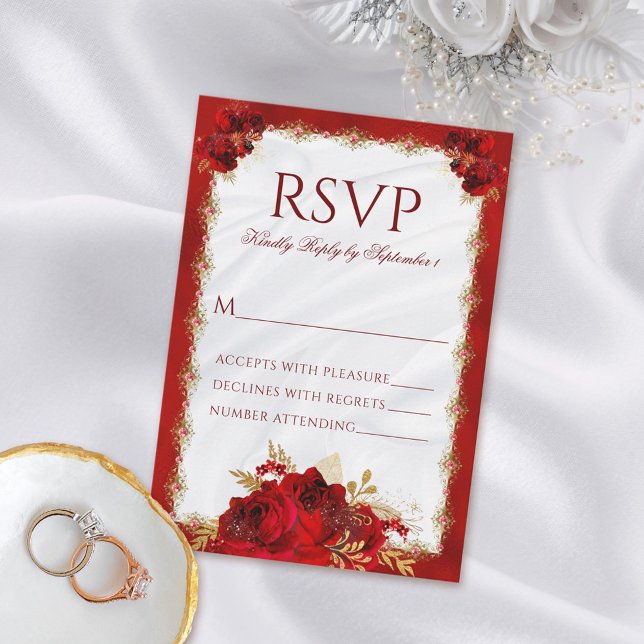 Cartão RSVP de Casamento Floral Vermelho e Dourado (Criador carregado)