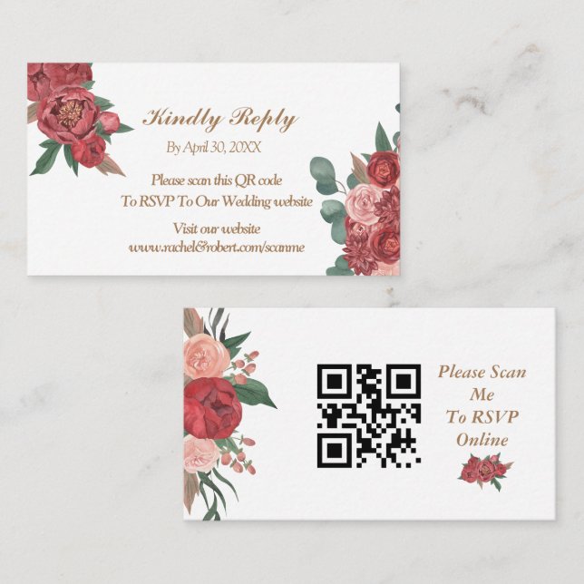 Cartão RSVP de Casamento Floral Vermelho Elegante (Frente/Verso)