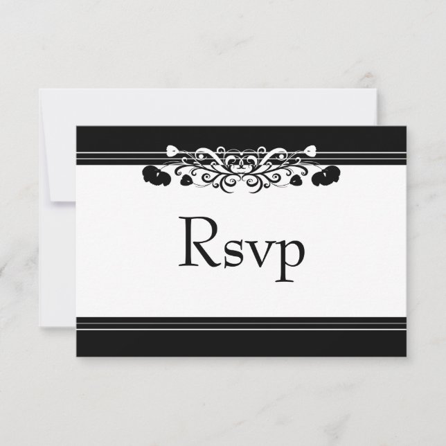 Cartão RSVP de Casamento Flourado Elegante Preto e (Frente)