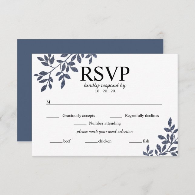 Cartão RSVP de Casamento Glitter Botânico de Cinza (Frente/Verso)