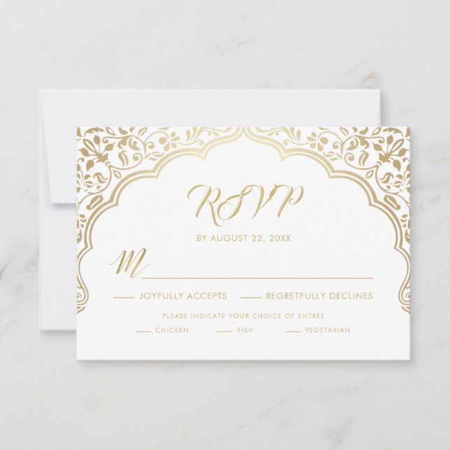 Cartão RSVP de Casamento Indiano, Branco e Dourado (Frente)
