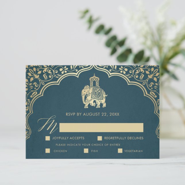 Cartão RSVP de Casamento Indiano Elegante Ganesha  (Em pé/Frente)