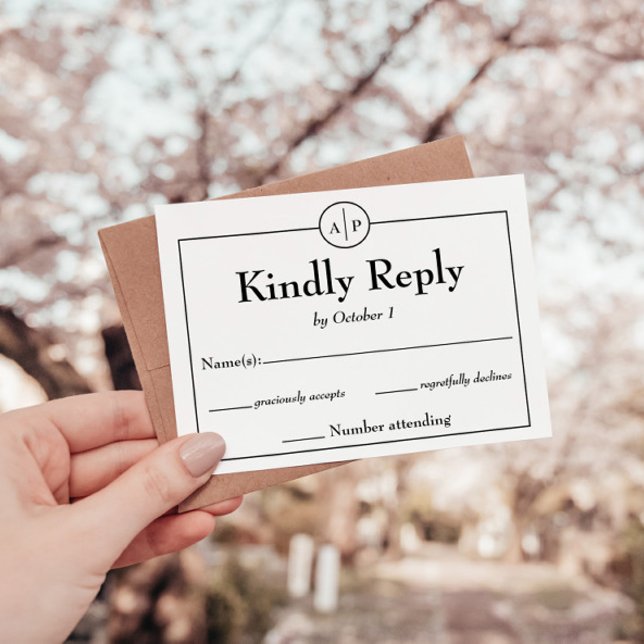 Cartão RSVP de Casamento Inicial Monograma Simples (simple modern black and white monogram initial rsvp wedding response card)