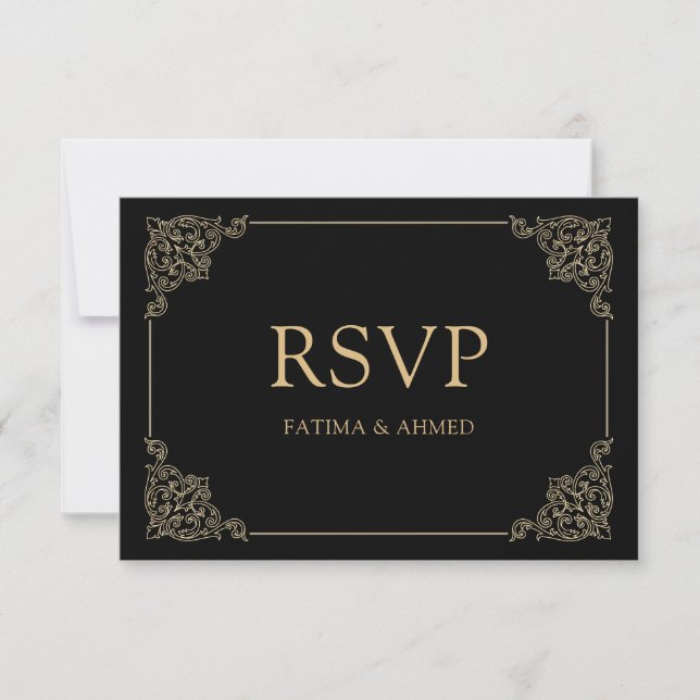 Cartão RSVP de Casamento Islâmico Negro Vintage (Frente)