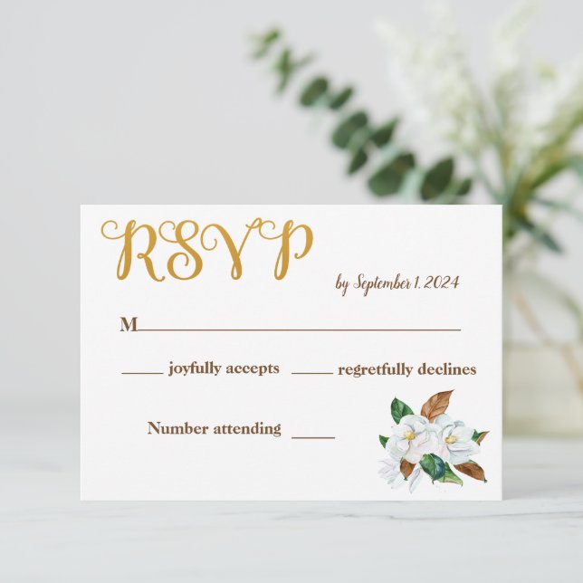 Cartão RSVP de Casamento Magnolia Elegante (Em pé/Frente)