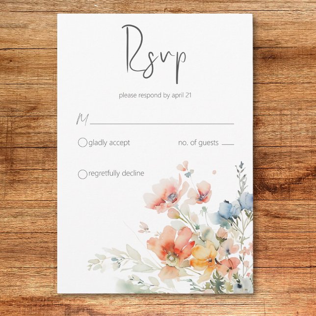 Cartão RSVP de Casamento Moderno de Pastel Loose W (Pastel Loose Wildflowers Modern Wedding RSVP Card)