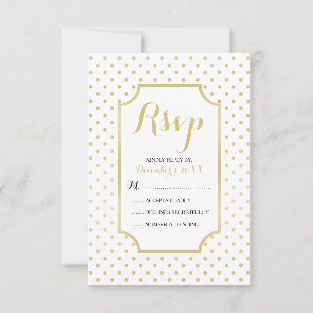 Cartão RSVP de Casamento Moderno Gold Foil Polka-D (Frente)