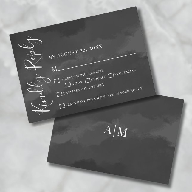 Cartão RSVP de Casamento Negra na moda Elegante de (Stylish Elegant Watercolor Black Wedding RSVP Card)