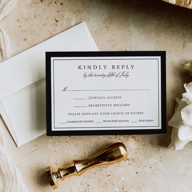Cartão RSVP de Casamento Negro e Branco com opção  (Criador carregado)