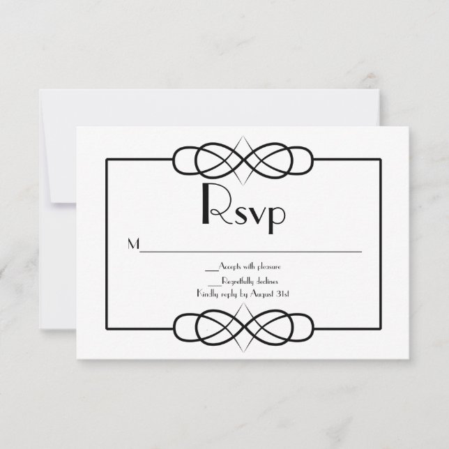 Cartão RSVP de Casamento Negro e Branco Elegante (Frente)