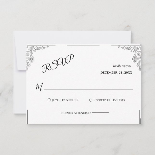 Cartão RSVP de Casamento Negro e Branco Minimalist (Frente)